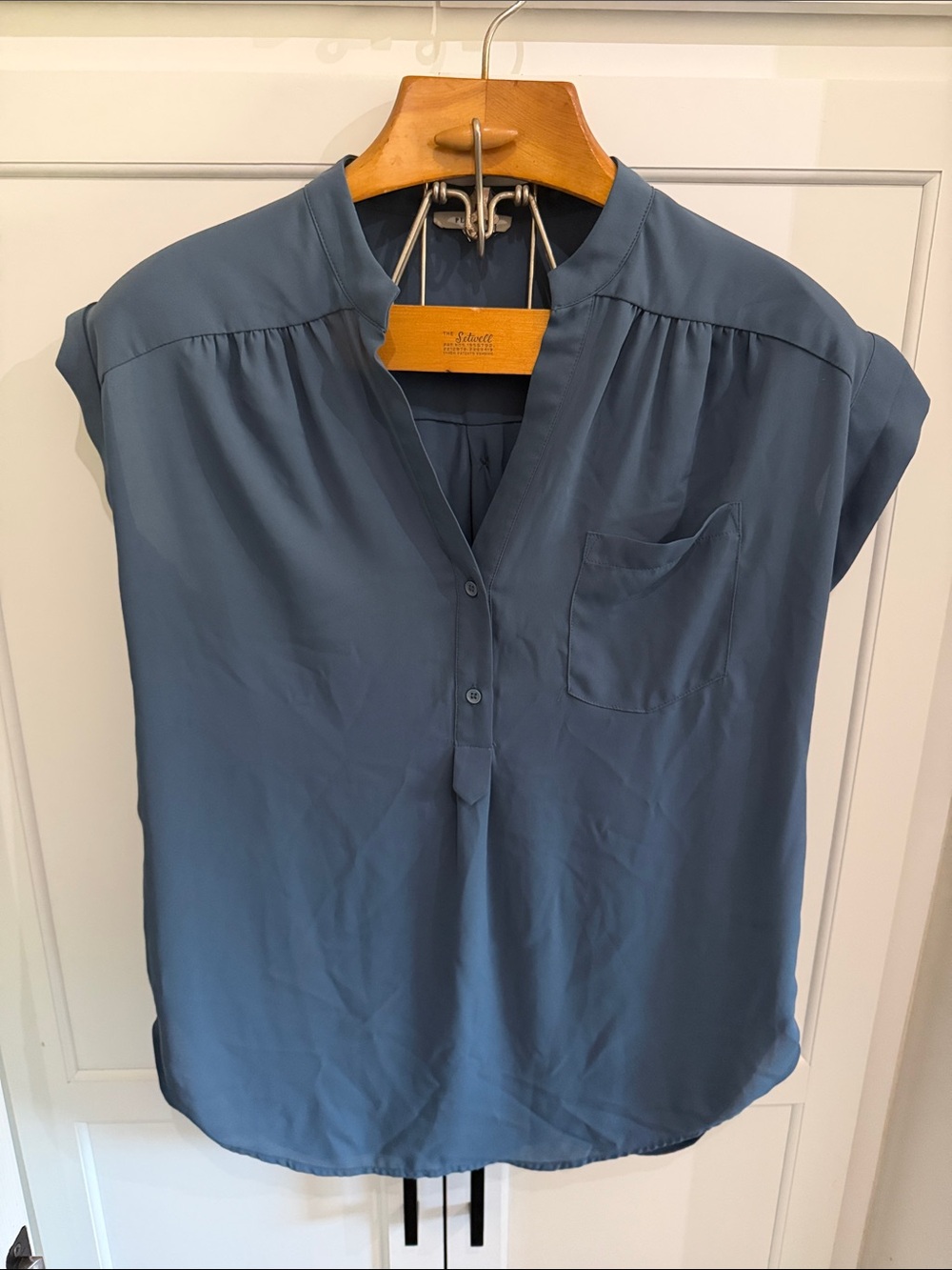 Pleione Slate Blue Cap Sleeve V-Neck Blouse